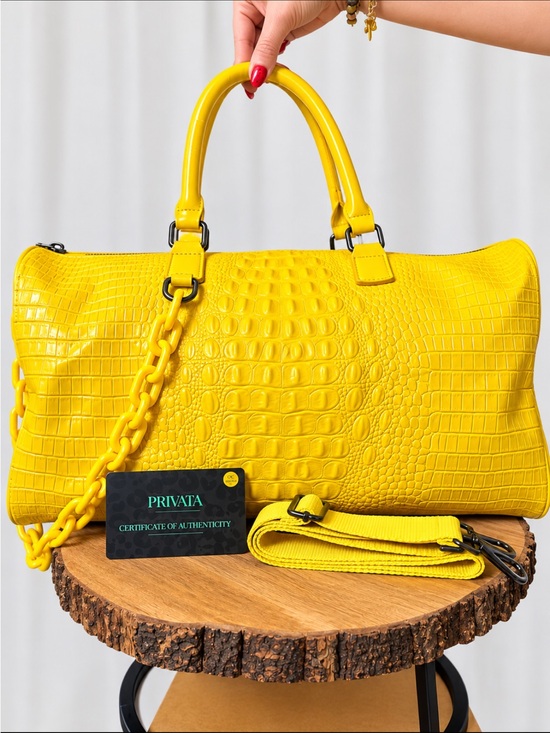 Handbags - Yellow Croc Embossed Weekender Duffle Bag Strap Chain + COA